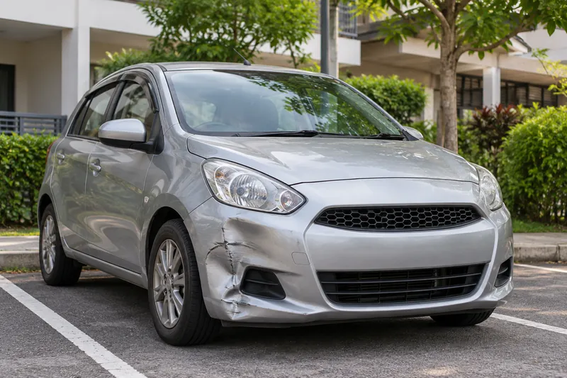 A parked silver car with a dented front bumper.