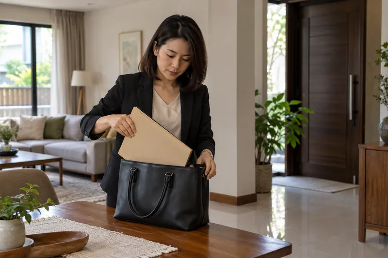一名女子把无字文件夹放进手提包。