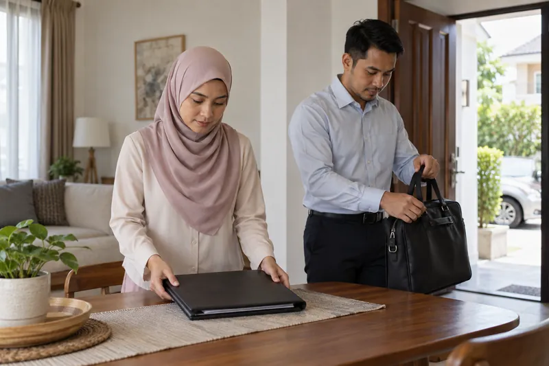 Dua orang dewasa menyediakan folder tertutup dan beg di rumah.