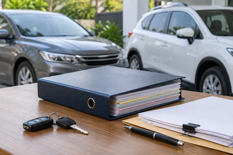 A claim folder, car keys and neatly arranged records on a table.