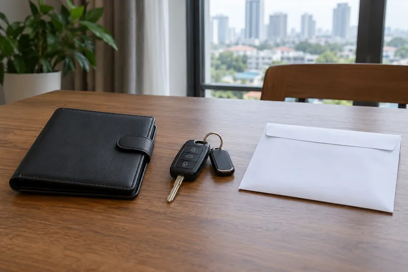 A closed wallet, car keys and sealed envelope on a table.