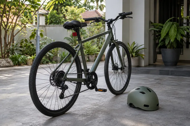 A parked bicycle beside a green helmet.