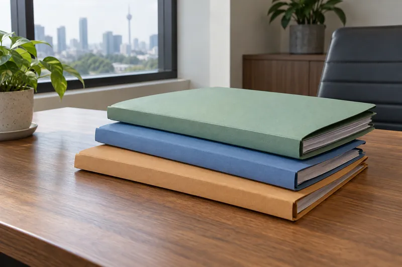 Three plain folders stacked on a desk.