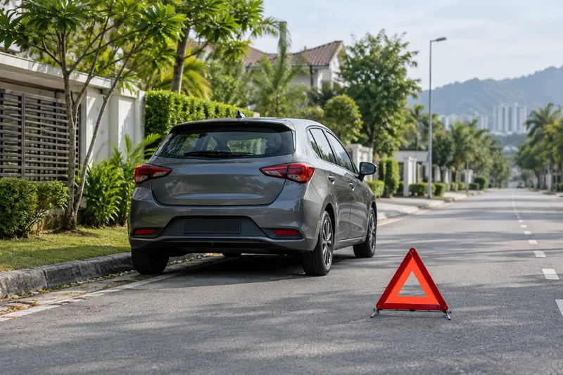 A parked car beside a quiet residential road with a warning triangle behind it.