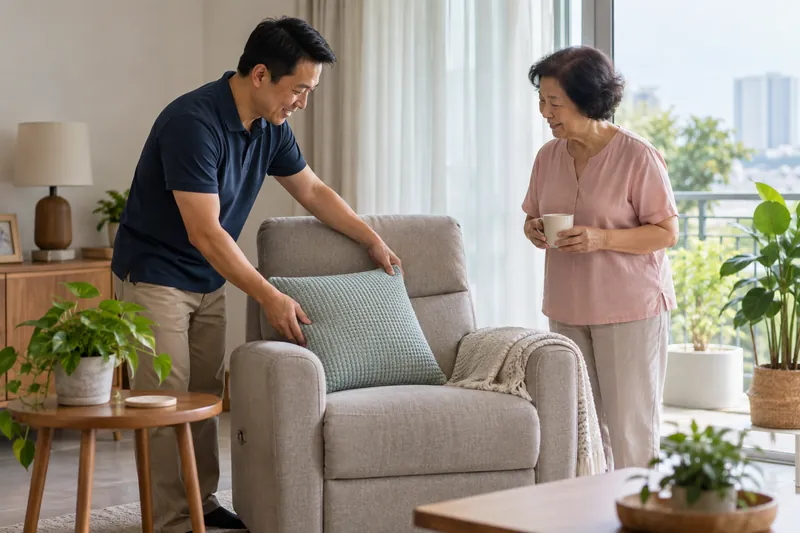 A man arranging an armchair cushion beside a woman holding a cup.