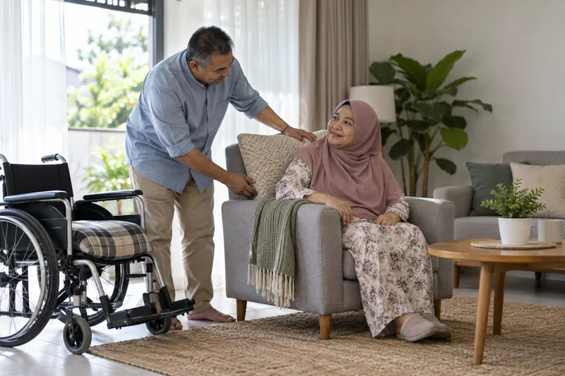 Seorang lelaki melaraskan kusyen di belakang wanita yang duduk, dengan kerusi roda berdekatan.
