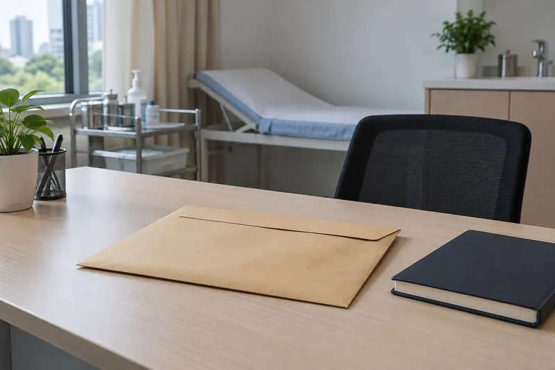 A sealed envelope and closed notebook on a clinic desk.