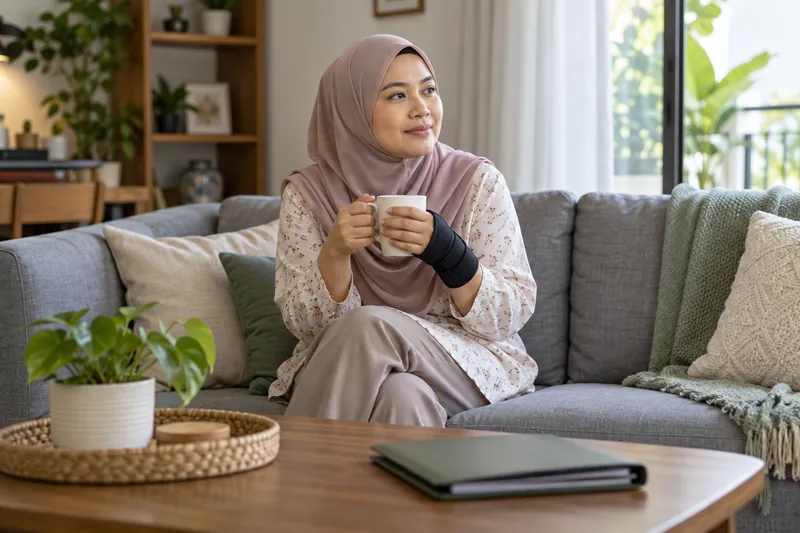 Seorang dewasa memakai penyokong pergelangan tangan berehat di rumah di sisi fail tertutup.