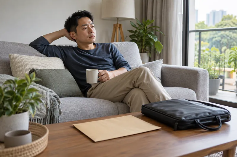 一名男子在沙发上休息,旁边放着公文包和信封。