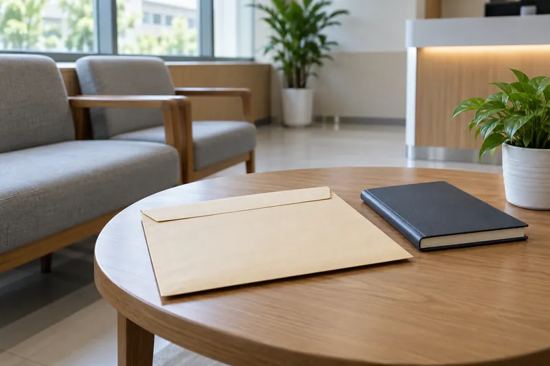 A medical records envelope and closed notebook in a clinic waiting area.