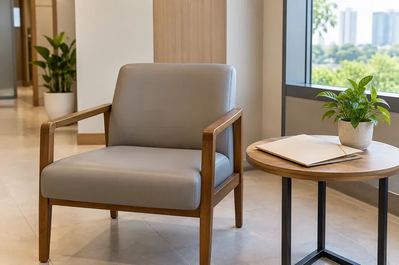 An empty waiting chair beside a document folder.
