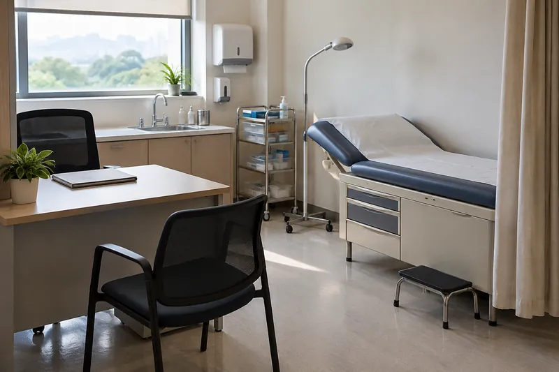 An empty consultation room with an examination couch and chairs.