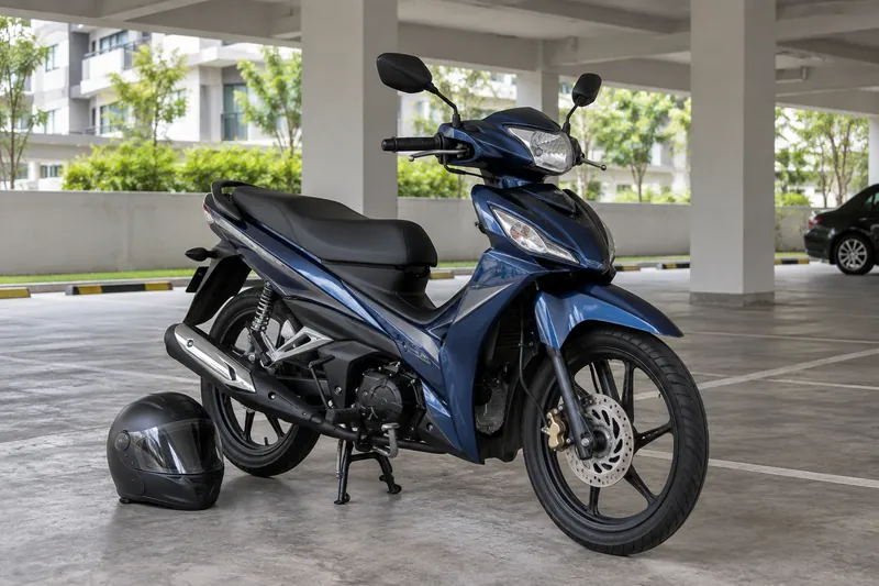 A parked blue motorcycle beside a black helmet.