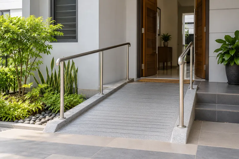 Tanjakan dengan susur tangan menuju ke pintu masuk rumah yang terbuka.