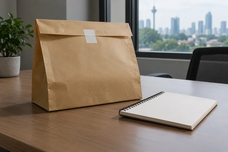 Beg bukti kertas bertutup di sisi buku nota kosong.