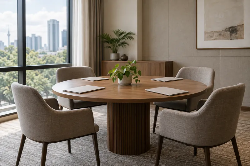 Four empty chairs around a round meeting table.
