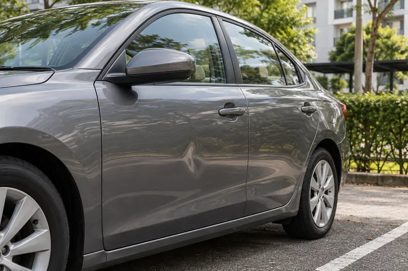A dent in the door of a parked grey car.