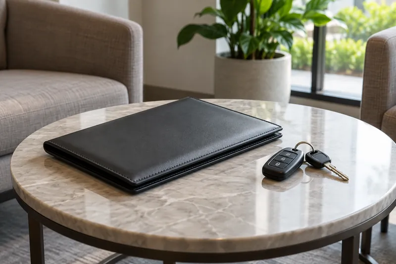 A closed document wallet and car keys on a table.