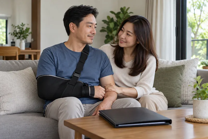一名戴着手臂吊带的男子与一名女子坐在一起,旁边放着合上的文件夹。