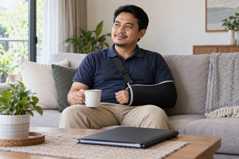 Seorang lelaki memakai anduh berehat di sofa sambil memegang cawan.