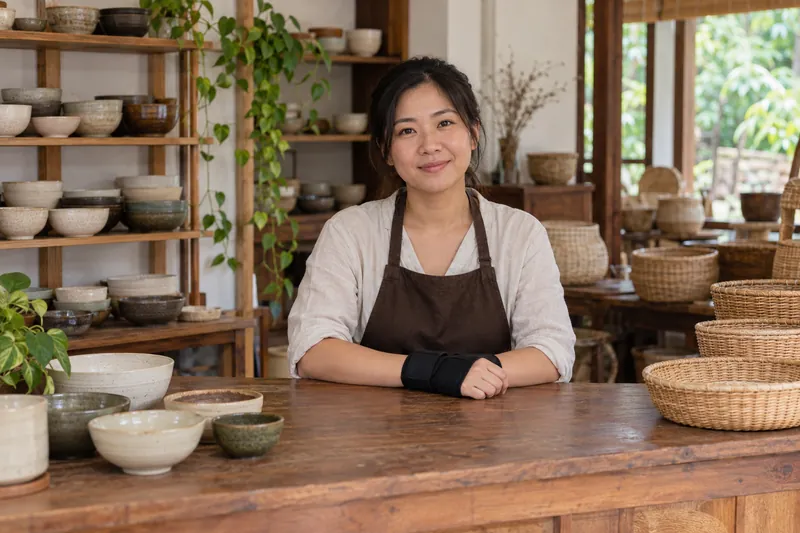 A woman wearing a wrist support at a pottery shop counter.