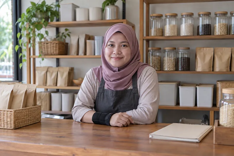 Seorang wanita memakai penyokong pergelangan tangan di kaunter kedai.