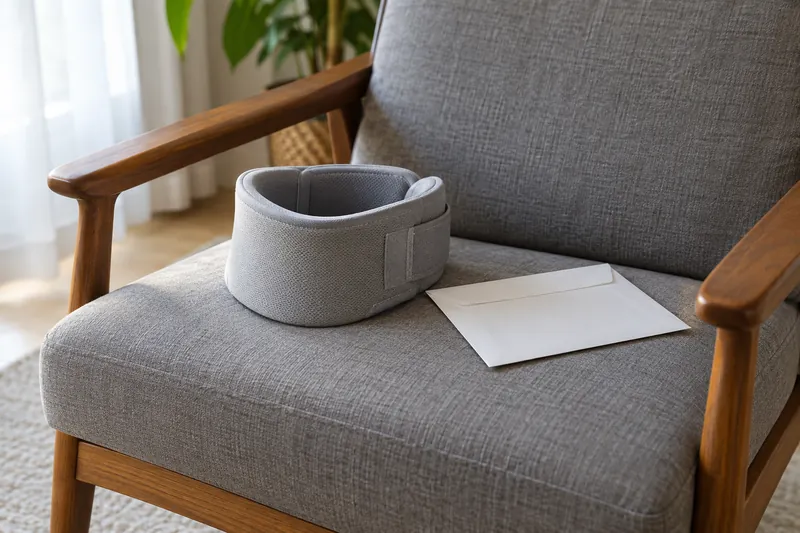 A soft neck support and plain envelope on an armchair.